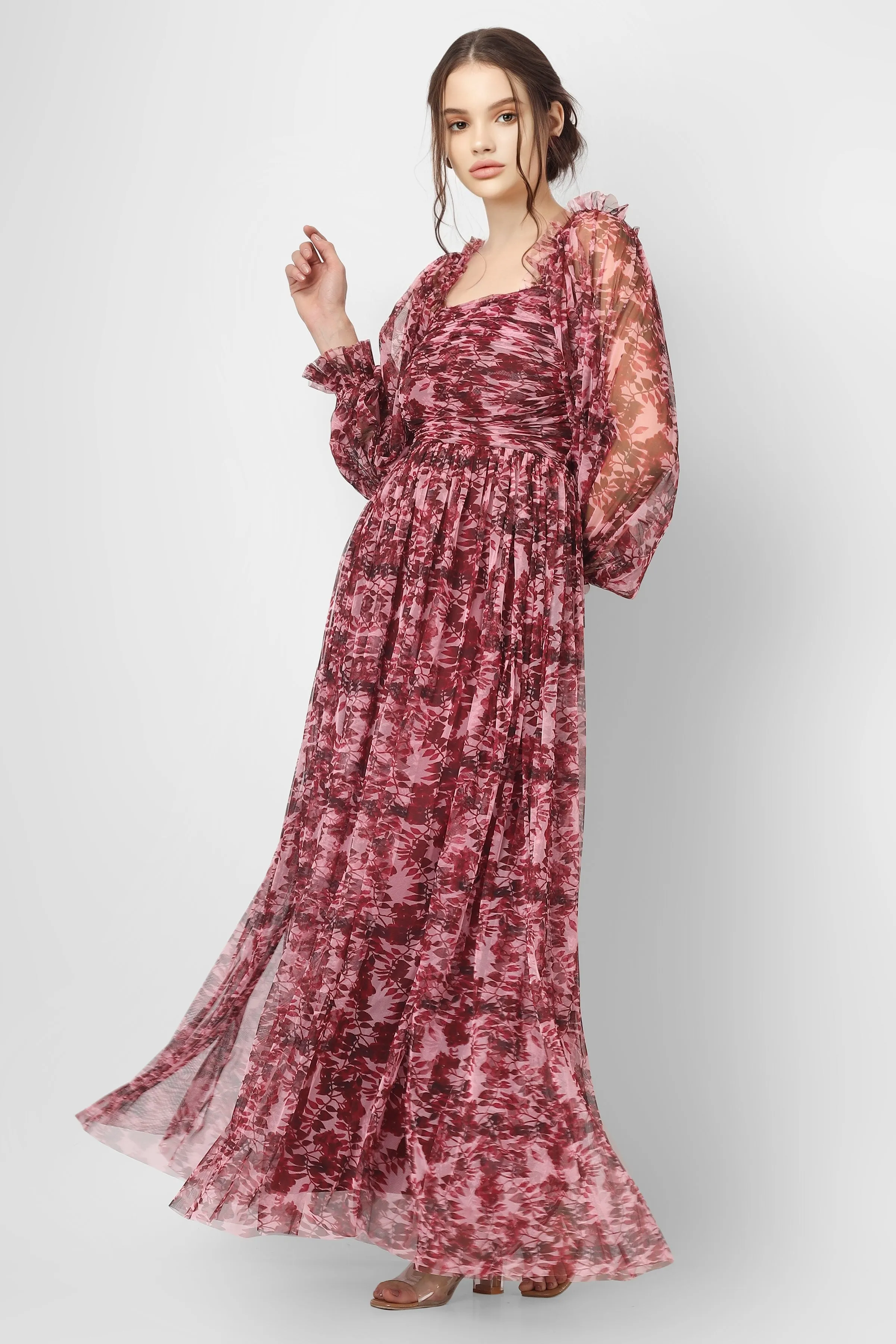 Lana Burgundy Printed Tulle Dress sold by Lace & Beads product image thumbnail 5