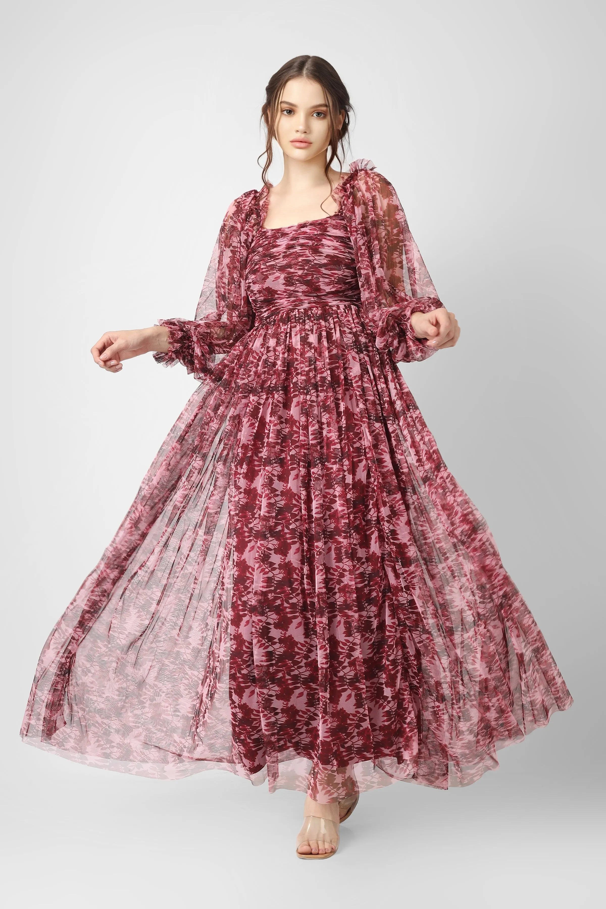 Lana Burgundy Printed Tulle Dress sold by Lace & Beads product image thumbnail 3
