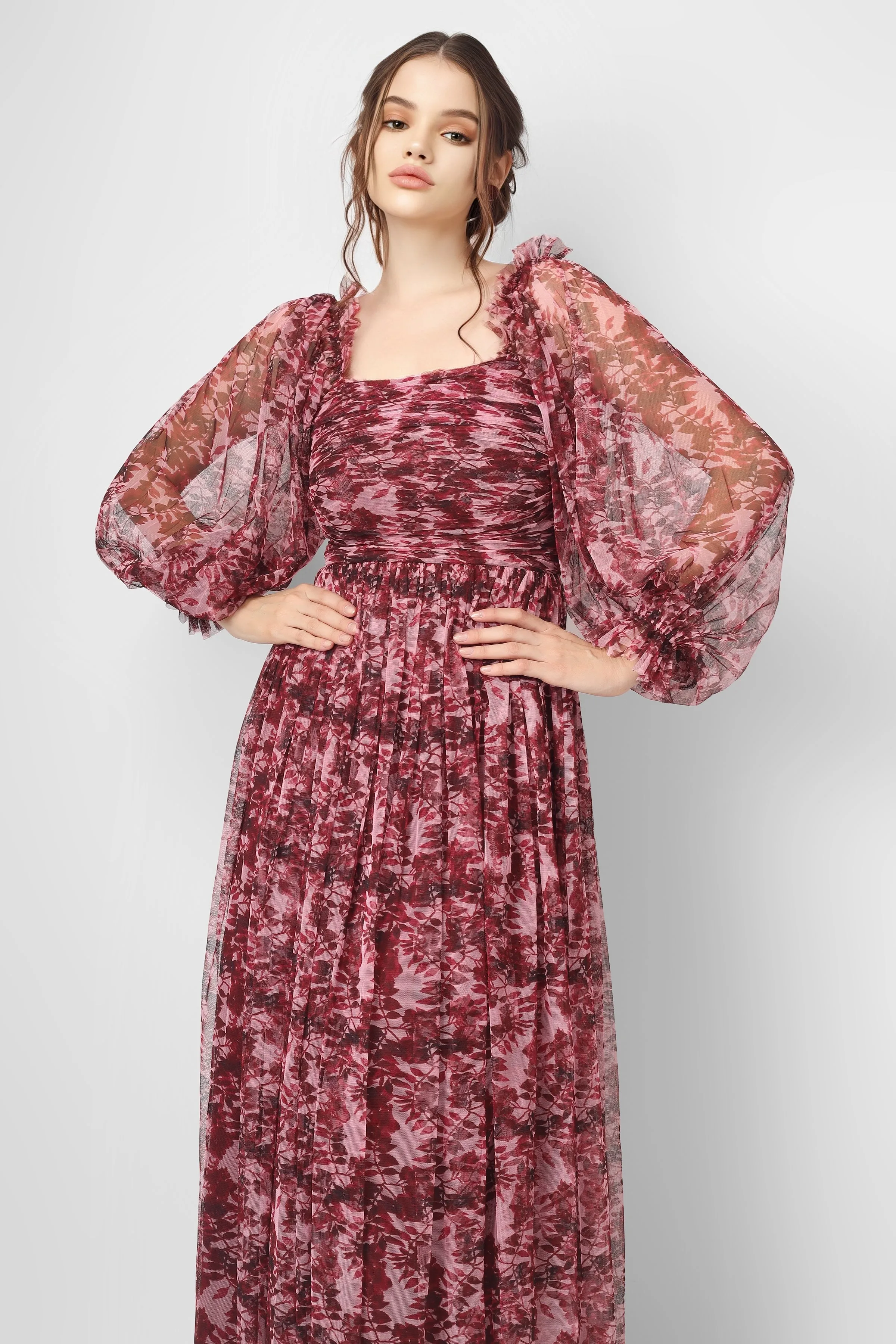 Lana Burgundy Printed Tulle Dress sold by Lace & Beads product image thumbnail 2