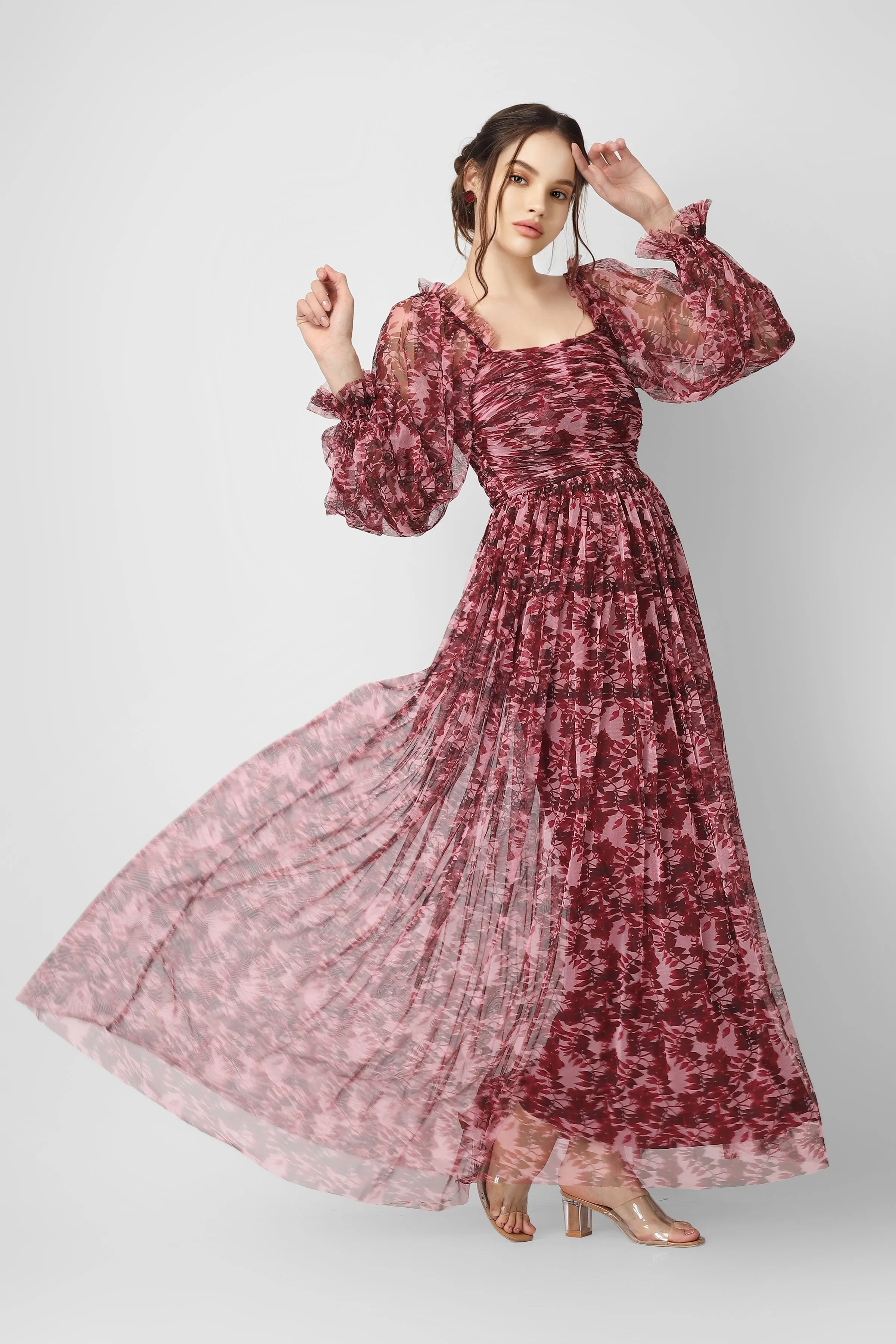 Lana Burgundy Printed Tulle Dress sold by Lace & Beads