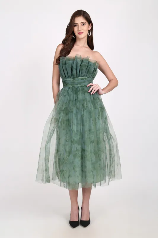Veriry Tulle Midi Dress in Green Floral Print sold by Lace & Beads