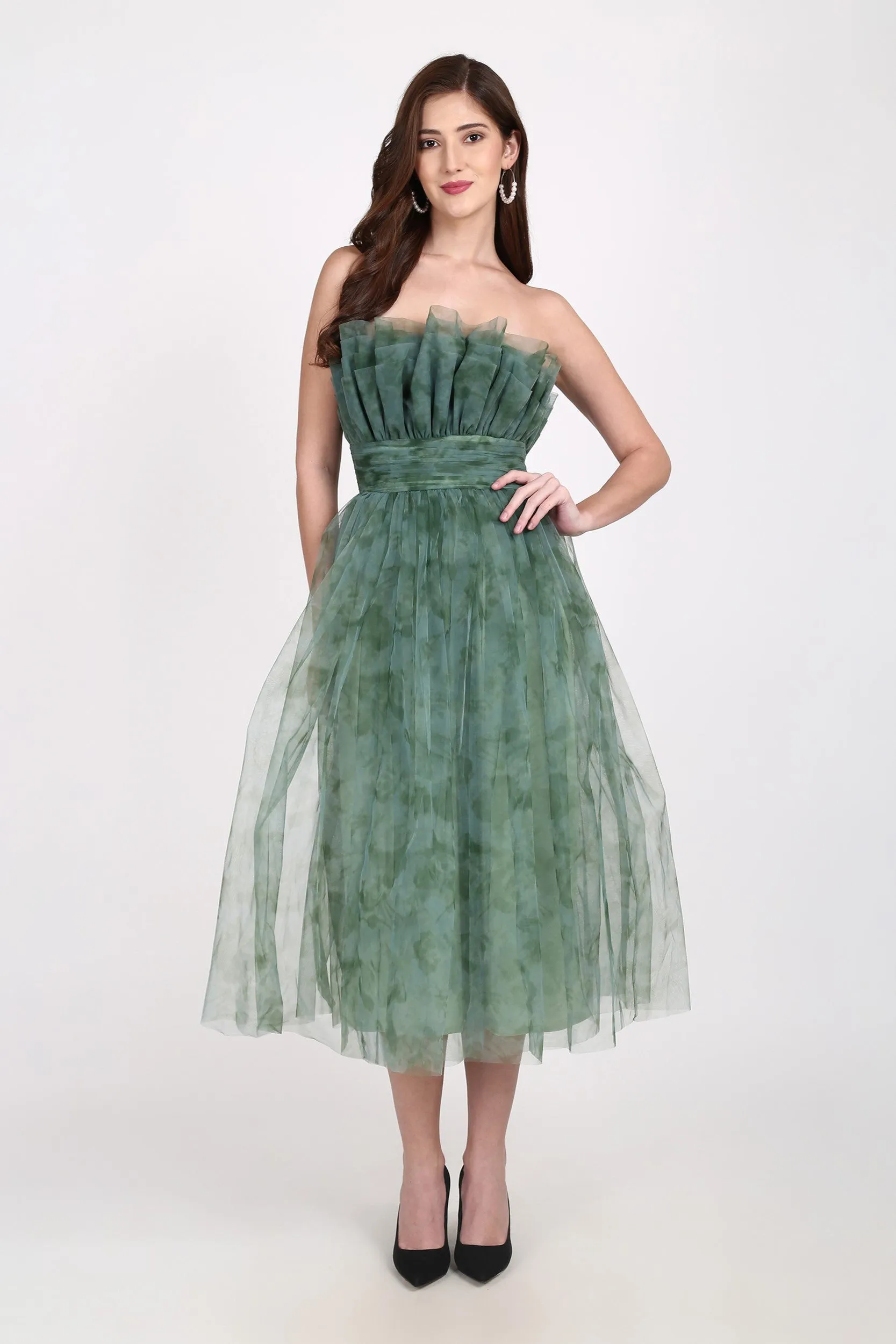 Veriry Tulle Midi Dress in Green Floral Print sold by Lace & Beads