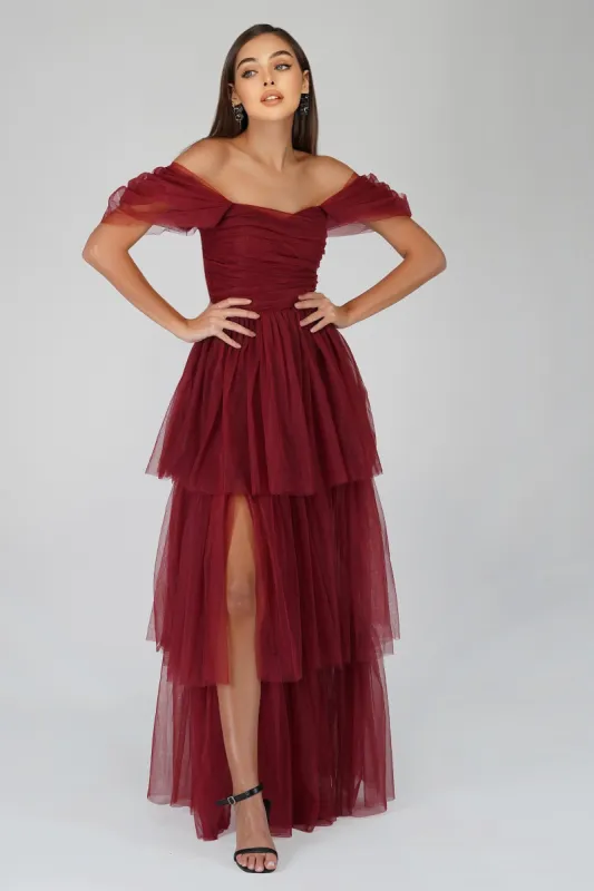 Sydney Burgundy Tulle Maxi Dress sold by Lace & Beads