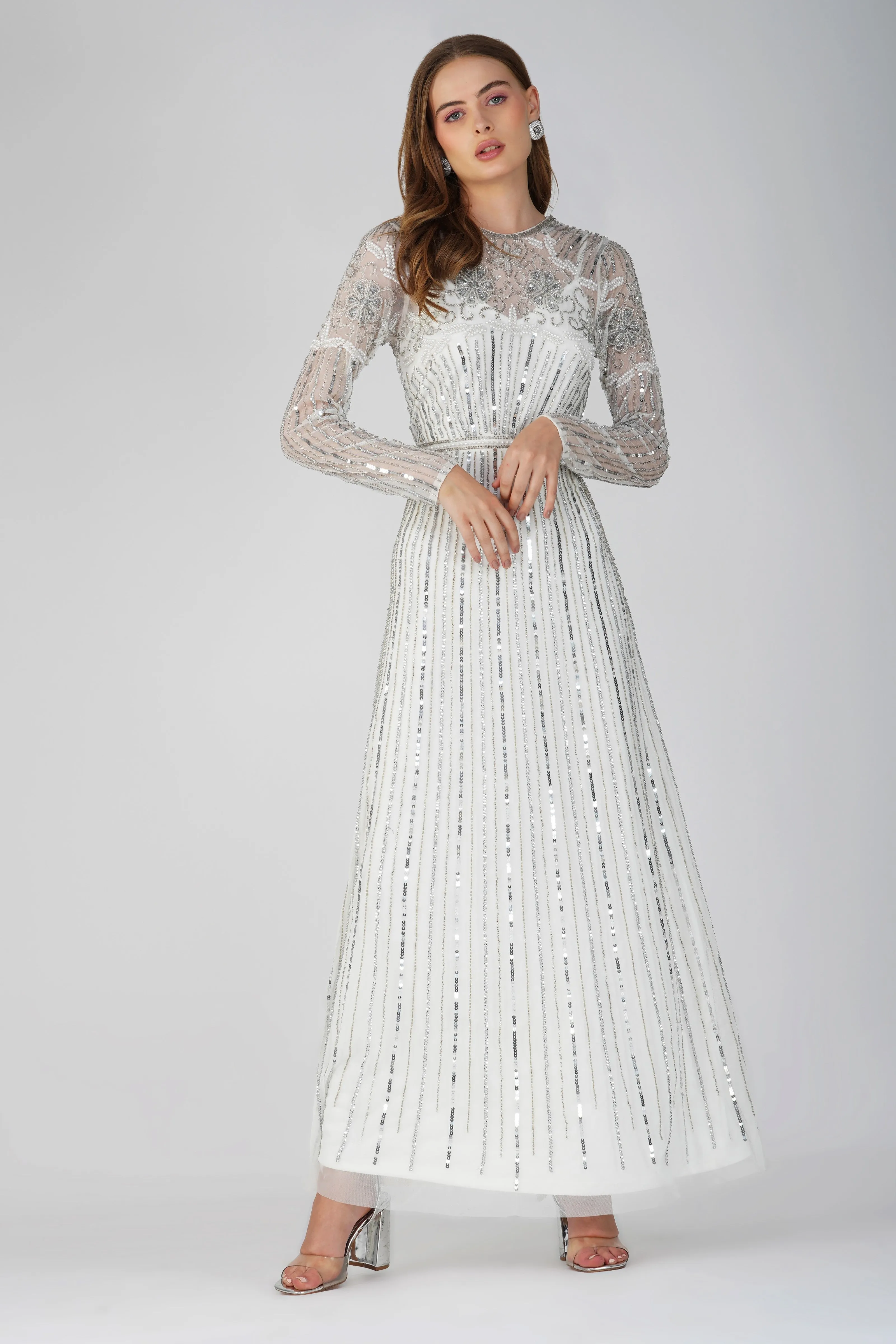 Teresa Embellished Maxi Dress in Silver sold by Lace & Beads