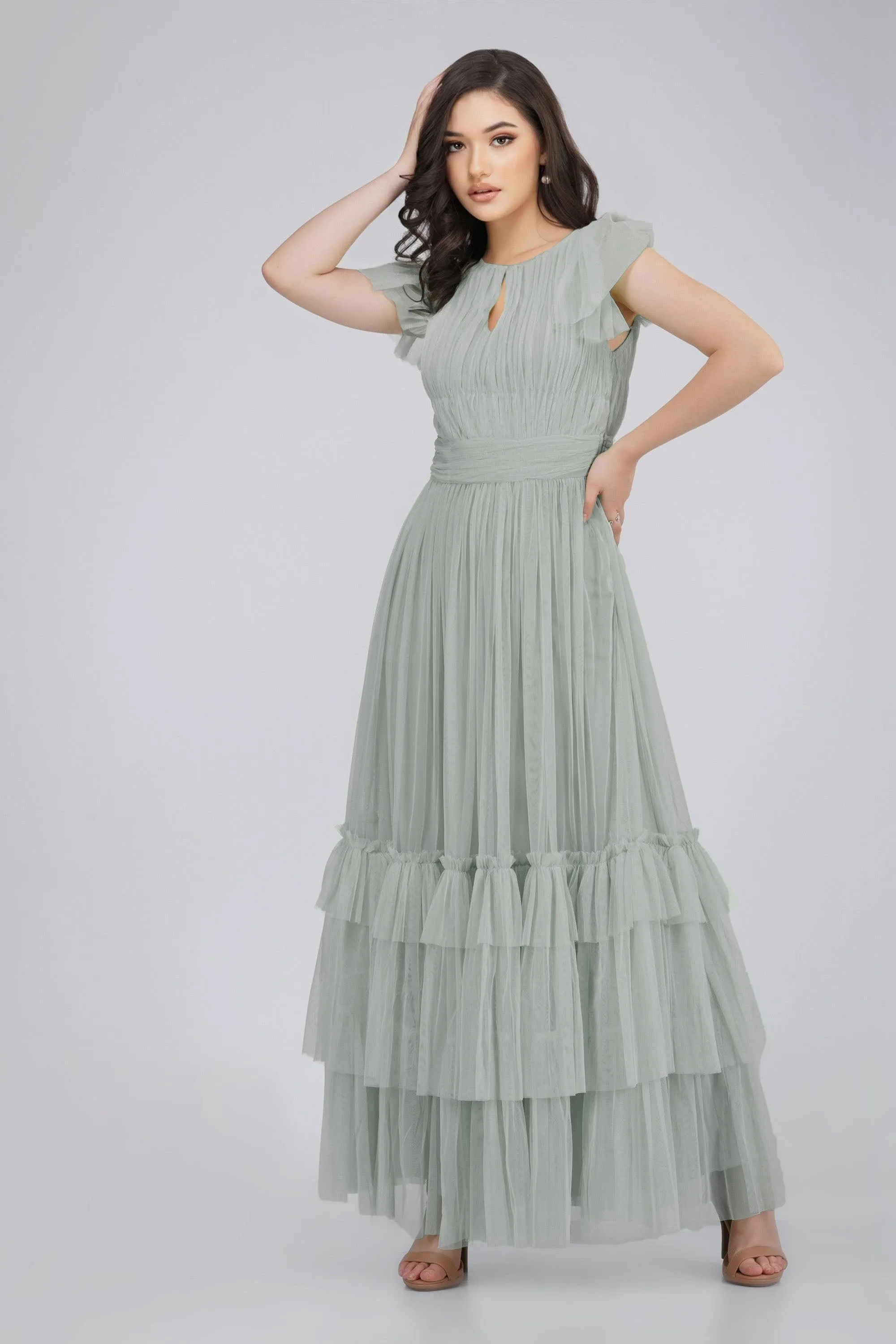Diva Tulle Maxi Dress in Dark Sage sold by Lace & Beads product image thumbnail 3
