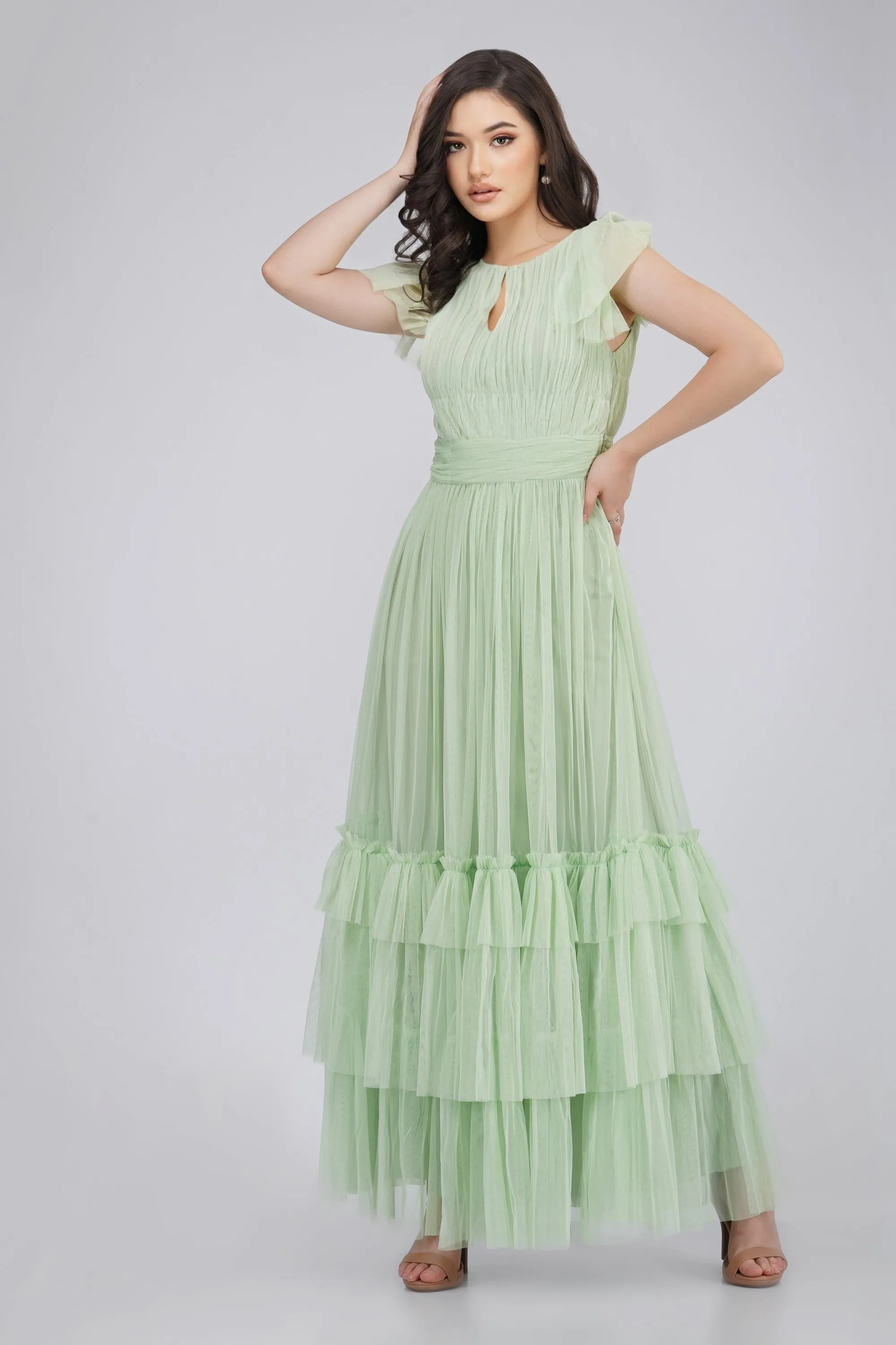 Diva Tulle Maxi Dress in Sage sold by Lace & Beads