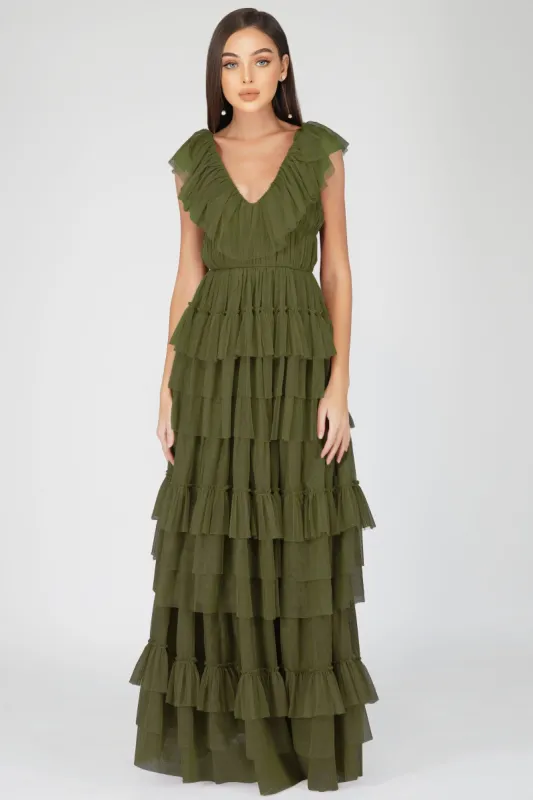 Alexandra Tulle Maxi Dress in Deep Olive made by Lace & Beads
