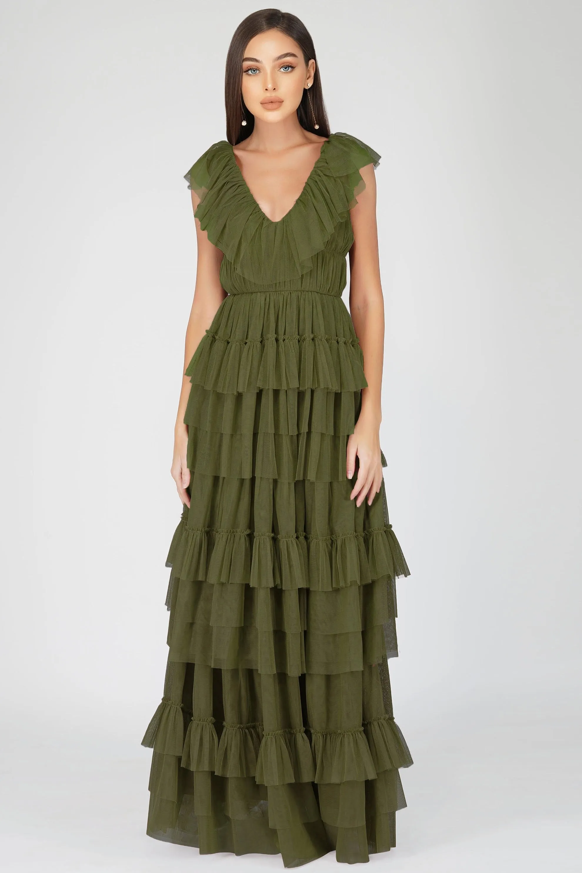 Alexandra Tulle Maxi Dress in Deep Olive sold by Lace & Beads