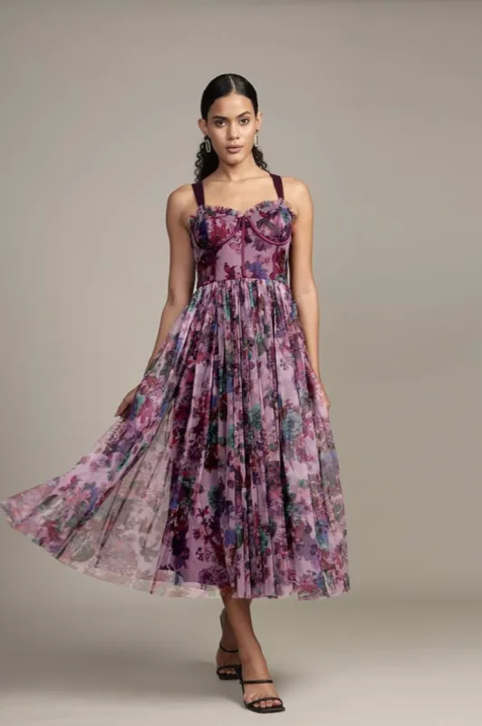 Dane Purple Print Corset Midi Dress made by Lace & Beads