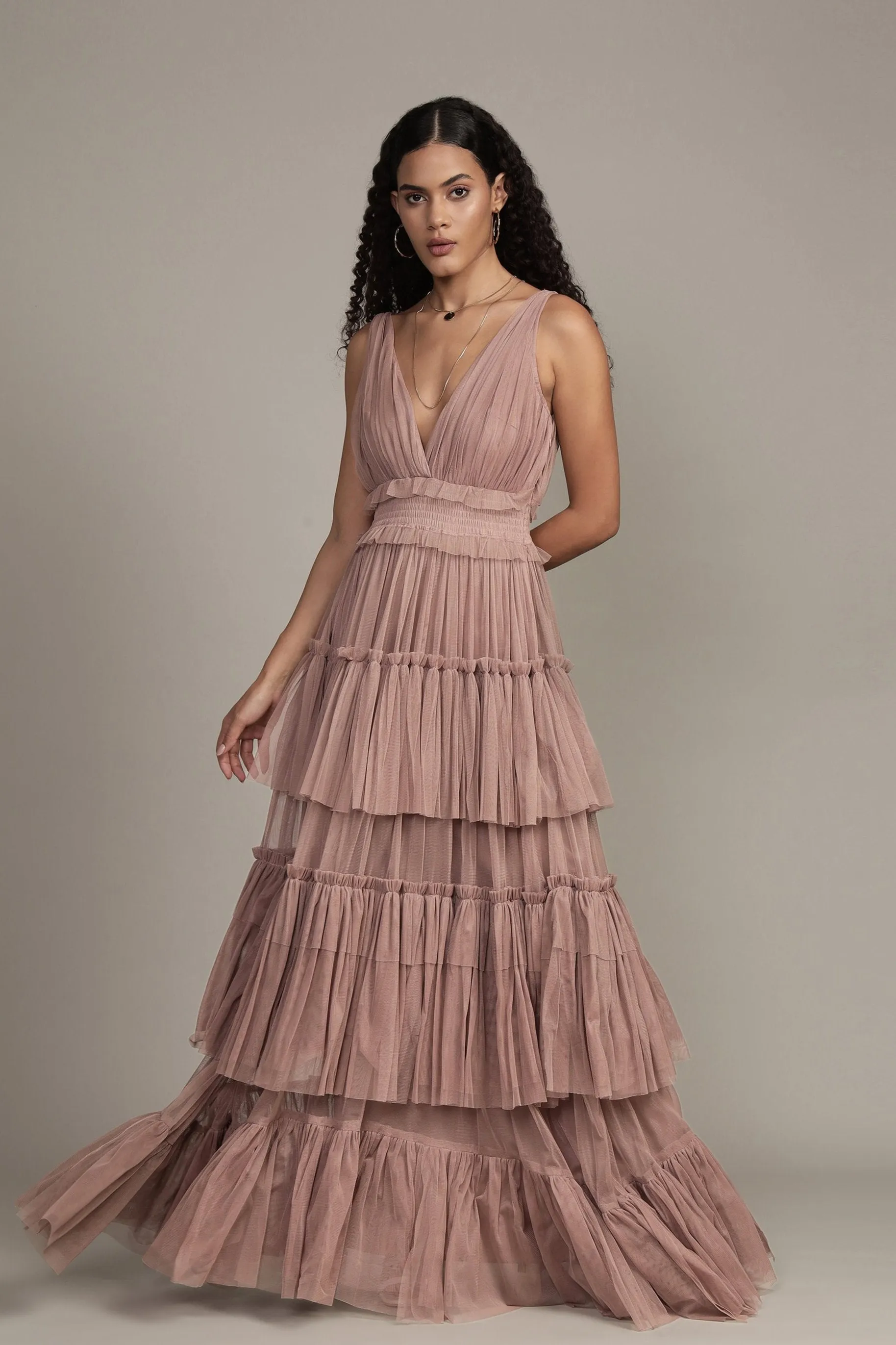Luna Tulle Maxi Dress in Taupe sold by Lace & Beads