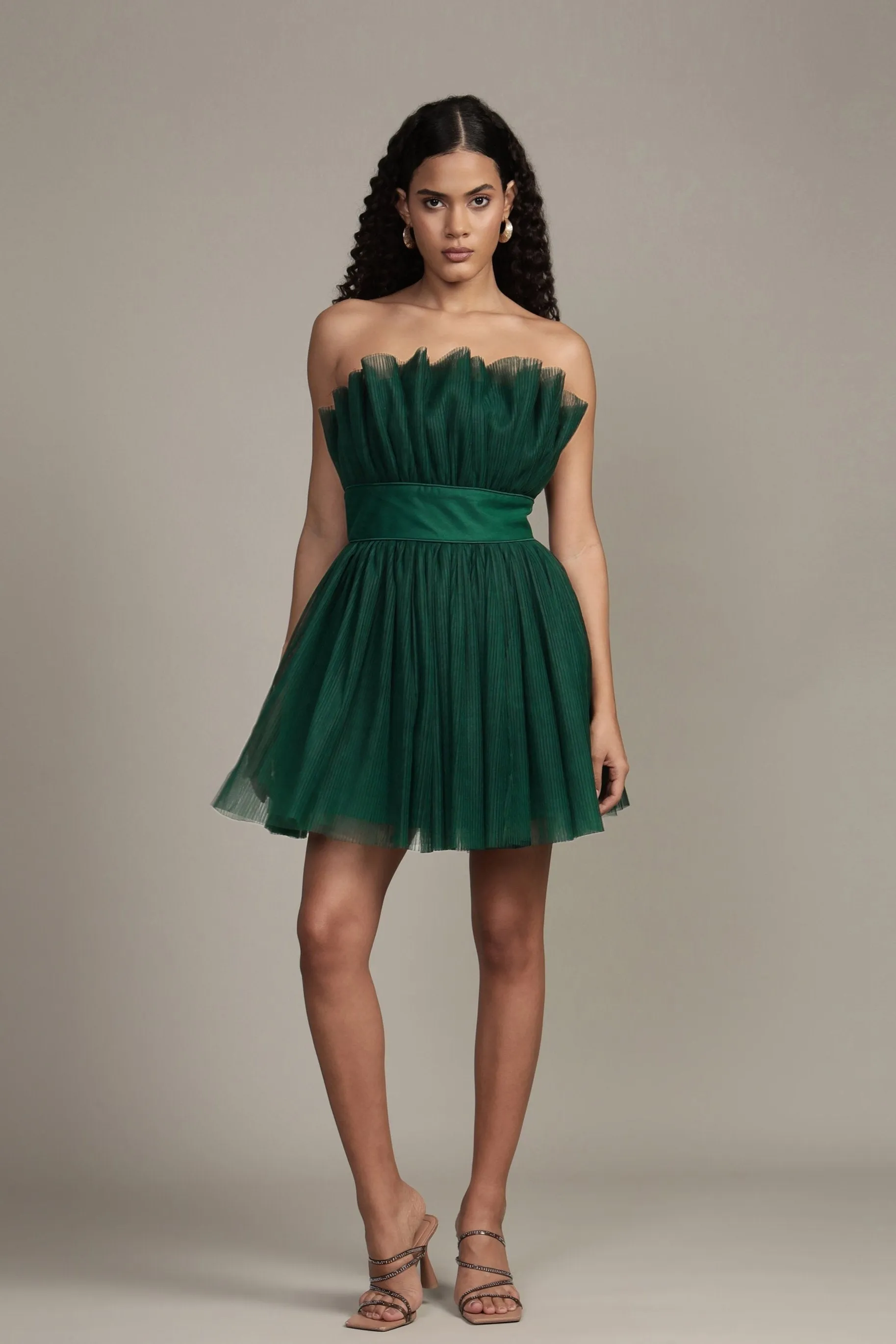Nanita Pleated Mini Dress in Emerald Green sold by Lace & Beads product image thumbnail 3