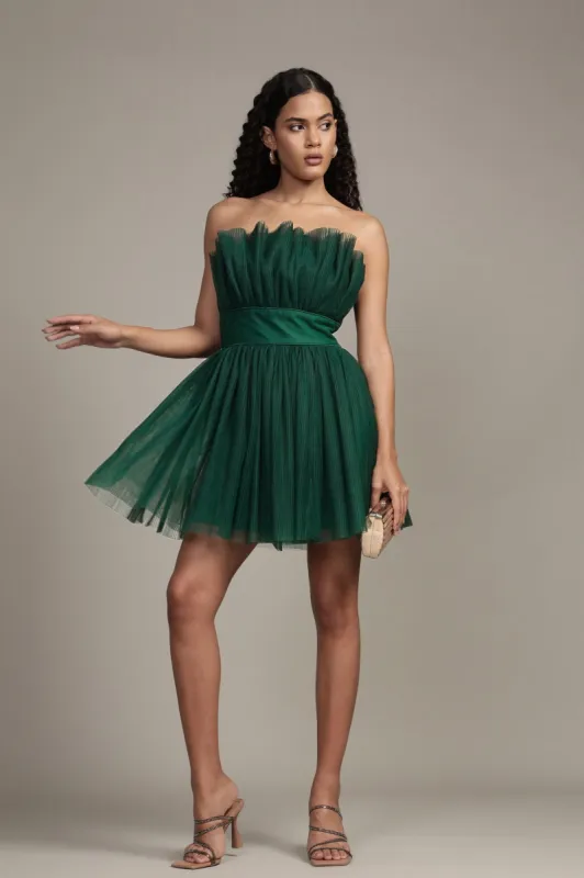 Nanita Pleated Mini Dress in Emerald Green made by Lace & Beads