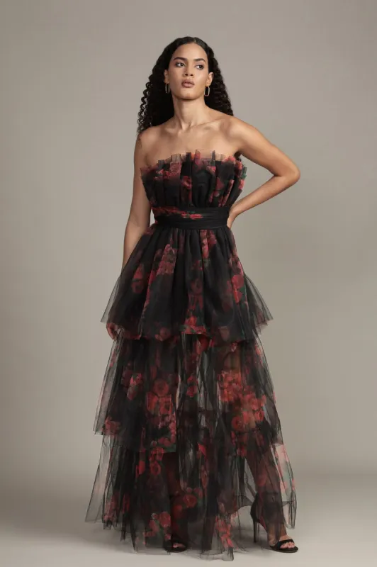 Natalia Tulle Maxi Dress in Black and Red Floral sold by Lace & Beads