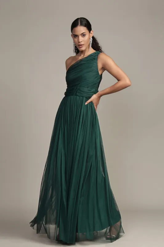One Shoulder Maxi Dress in Emerald Green sold by Lace & Beads