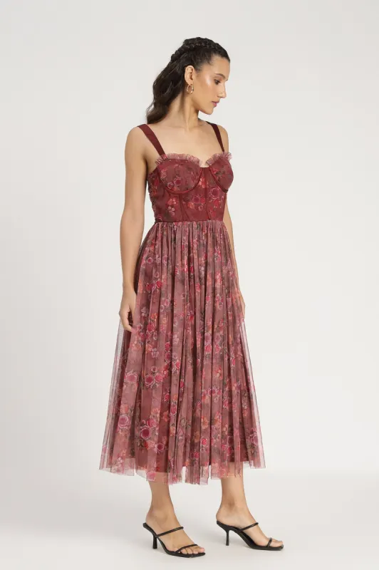 Dane Purple Floral Corset Tulle Midi Dress sold by Lace & Beads