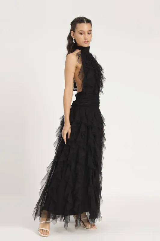 Tabitha Maxi Ruffle Dress in Black sold by Lace & Beads