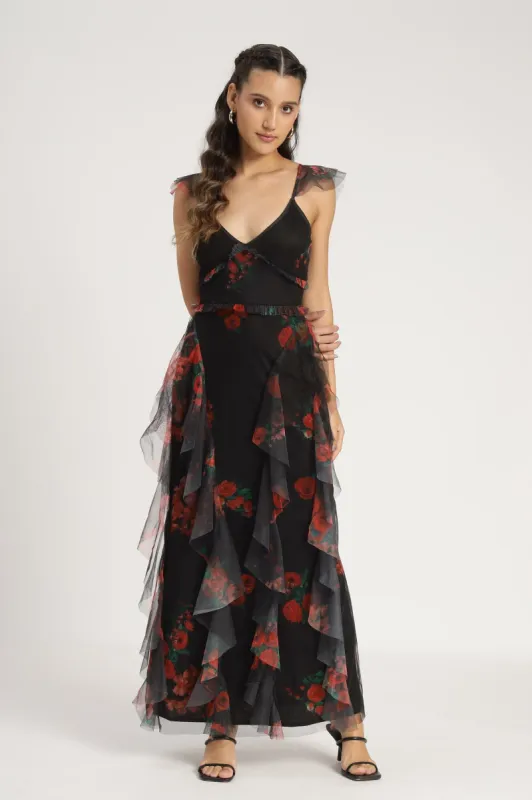 Malin Maxi Dress in Black and Red Floral sold by Lace & Beads