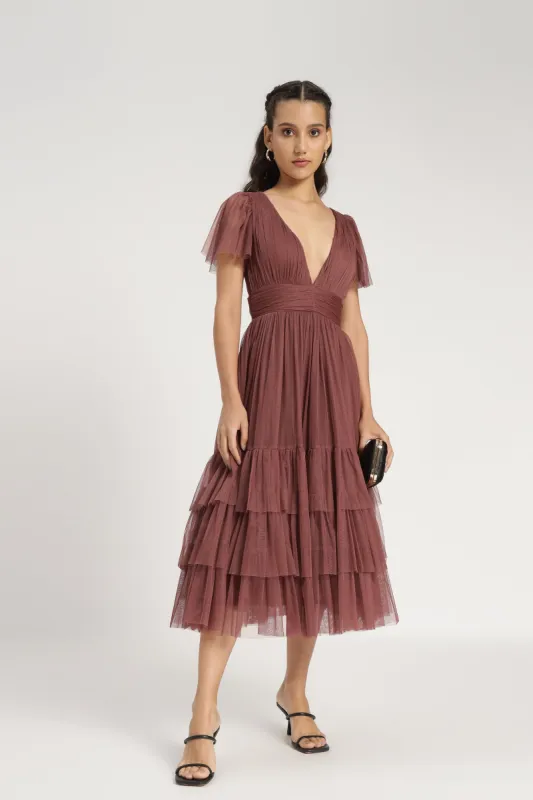 Madison Rose Brown Tulle Bridesmaid Midi Dress sold by Lace & Beads