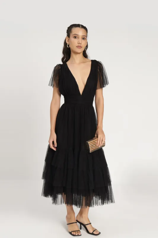 Madison Black Tulle Bridesmaid Midi Dress sold by Lace & Beads