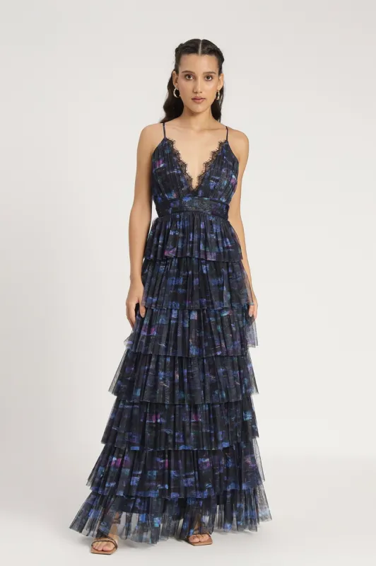 Oakley Maxi Dress in Blue Print sold by Lace & Beads