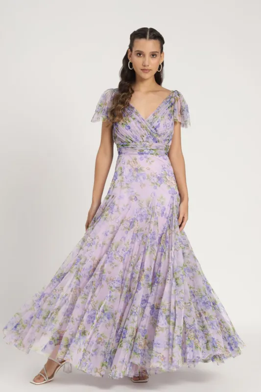 Gally Maxi Dress in Lilac Print sold by Lace & Beads