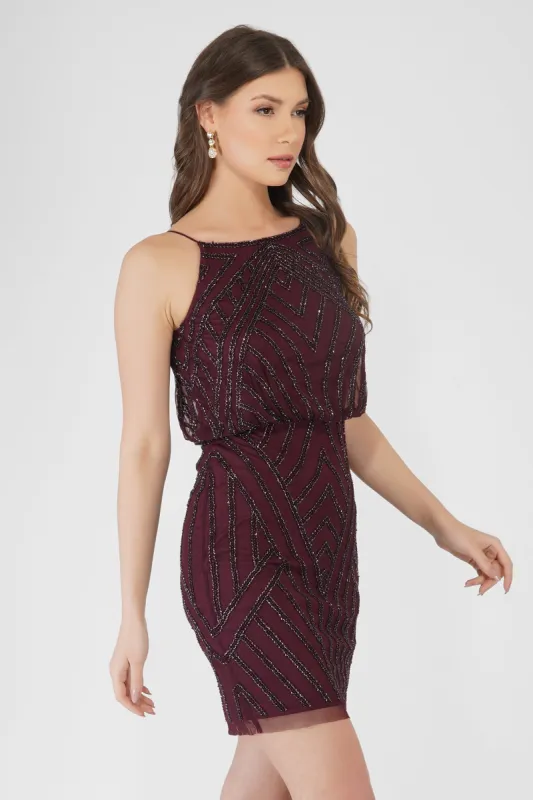 Mina Embellished Mini Dress in Burgundy sold by Lace & Beads