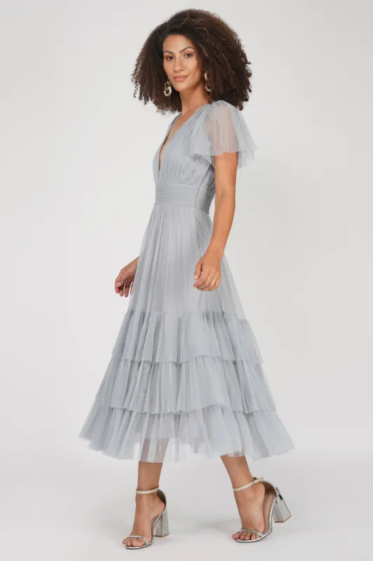Madison Tulle Midi Dress in Grey sold by Lace & Beads