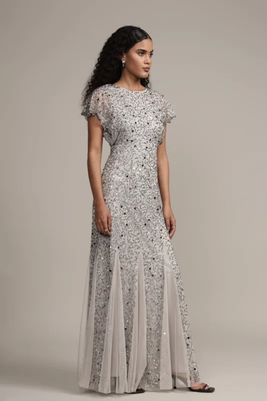 Sally Maxi Embellished Dress in Grey sold by Lace & Beads