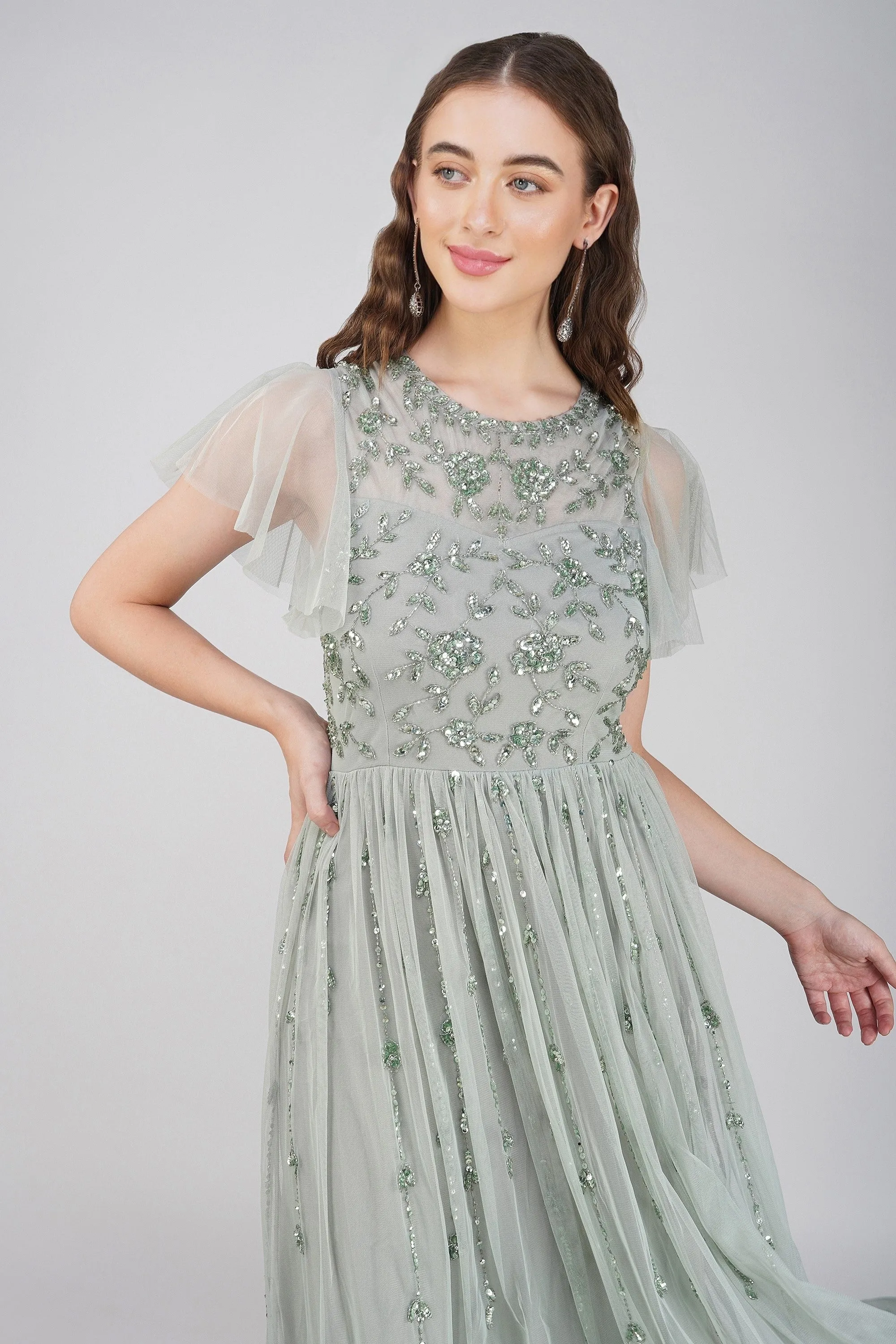 Marly Sage Green Embellished Maxi Dress sold by Lace & Beads