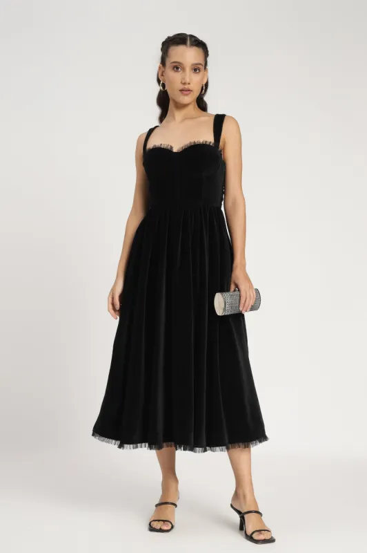Dune Black Velvet Midi Dress sold by Lace & Beads