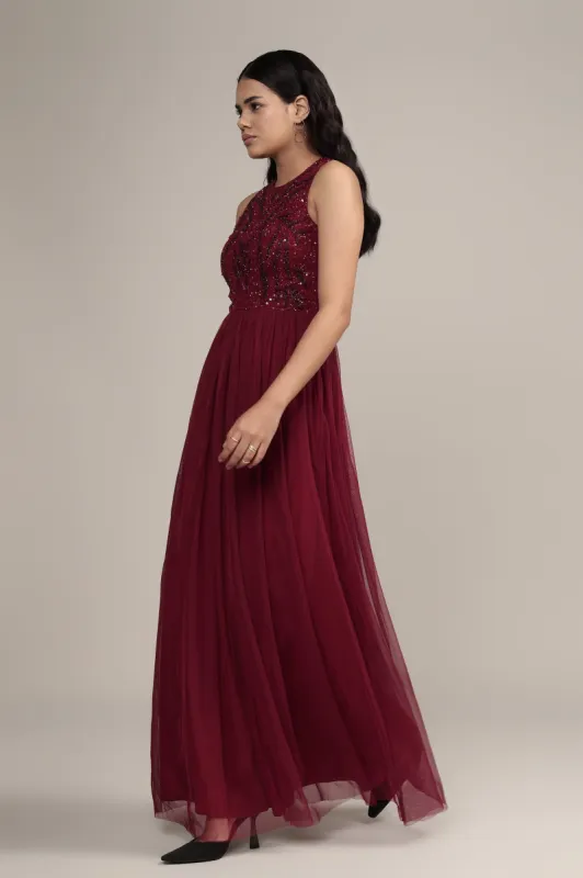 Linda Embellished Maxi Dress in Burgundy sold by Lace & Beads