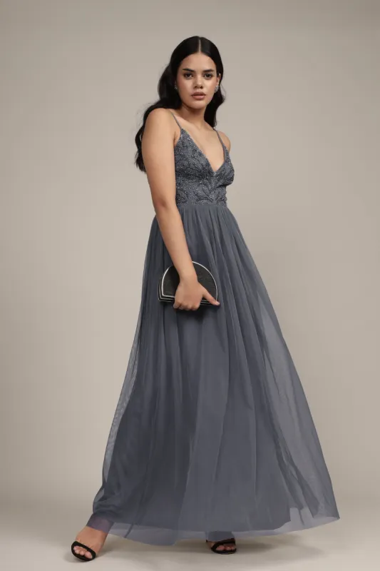 Seraphina Embellished Maxi Dress in Grey sold by Lace & Beads