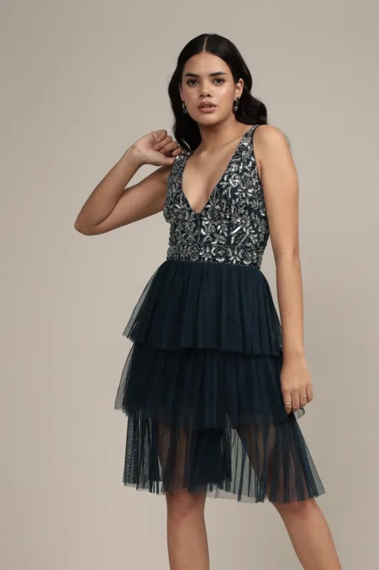 Builda Embellished Mini Dress in Navy sold by Lace & Beads