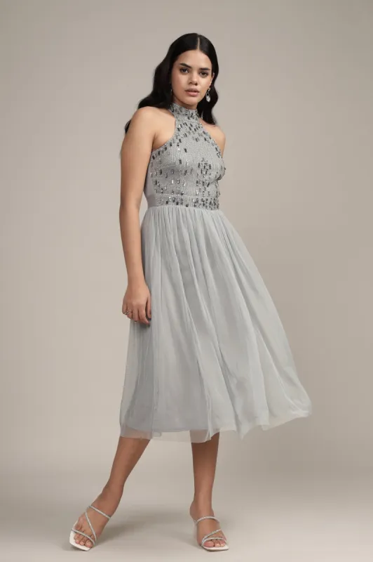 Jessa Midi Dress in Grey sold by Lace & Beads