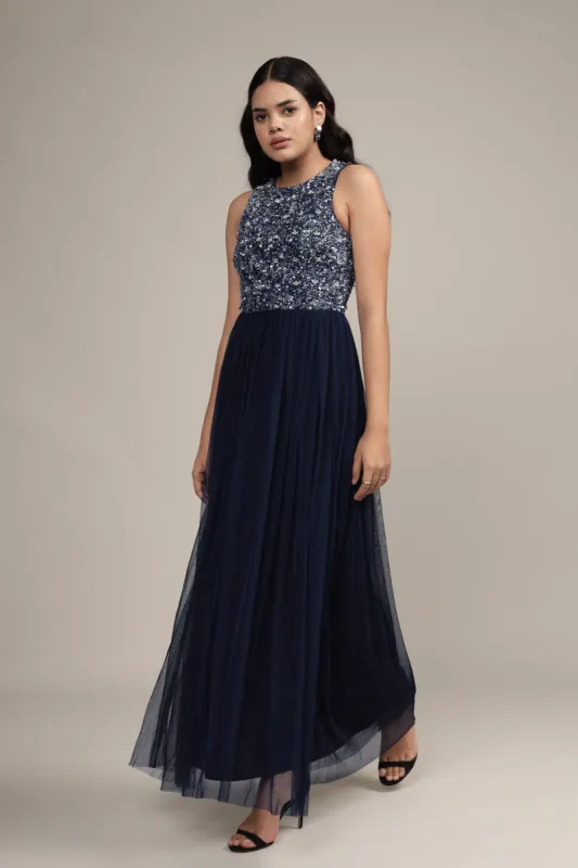 Picasso Embellished Maxi Dress in Navy with Pearl Beads sold by Lace & Beads