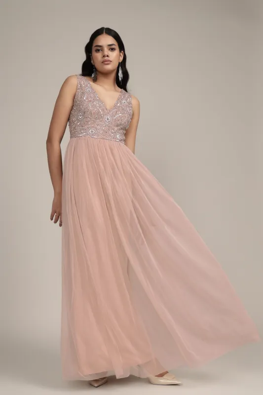Addie Embellished Maxi Dress in Taupe sold by Lace & Beads