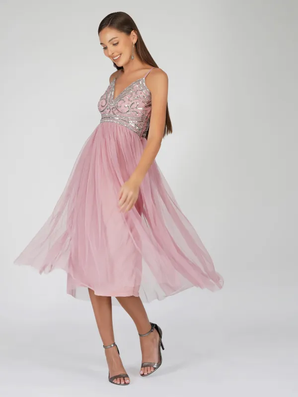 Ruhi Embellished Midi Dress in Mauve made by Lace & Beads