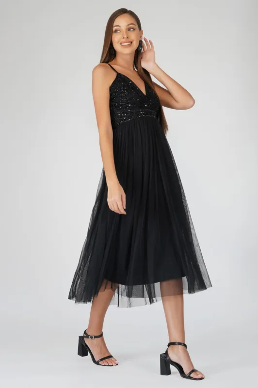 Ruhi Embellished Midi Dress in Black made by Lace & Beads