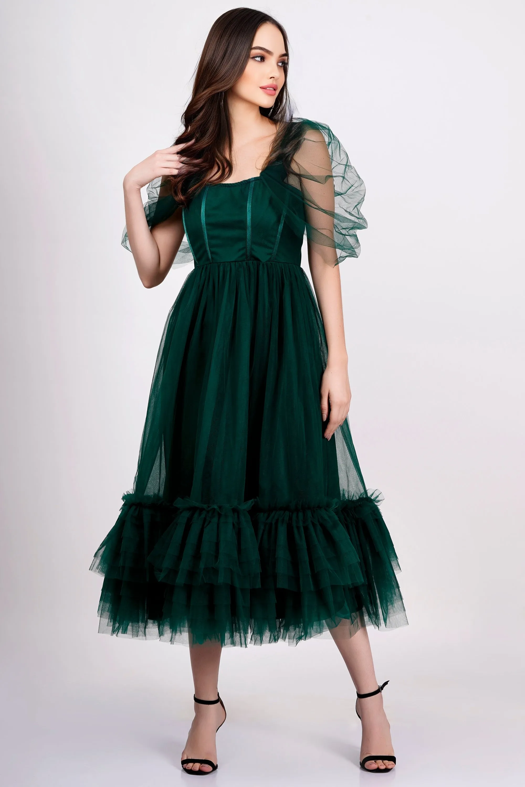 Jayne Emerald Green Tulle Midi Dress sold by Lace & Beads product image thumbnail 3