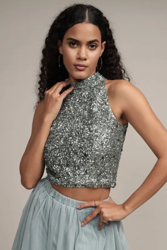 Gui Picasso Teal Sequin Top sold by Lace & Beads