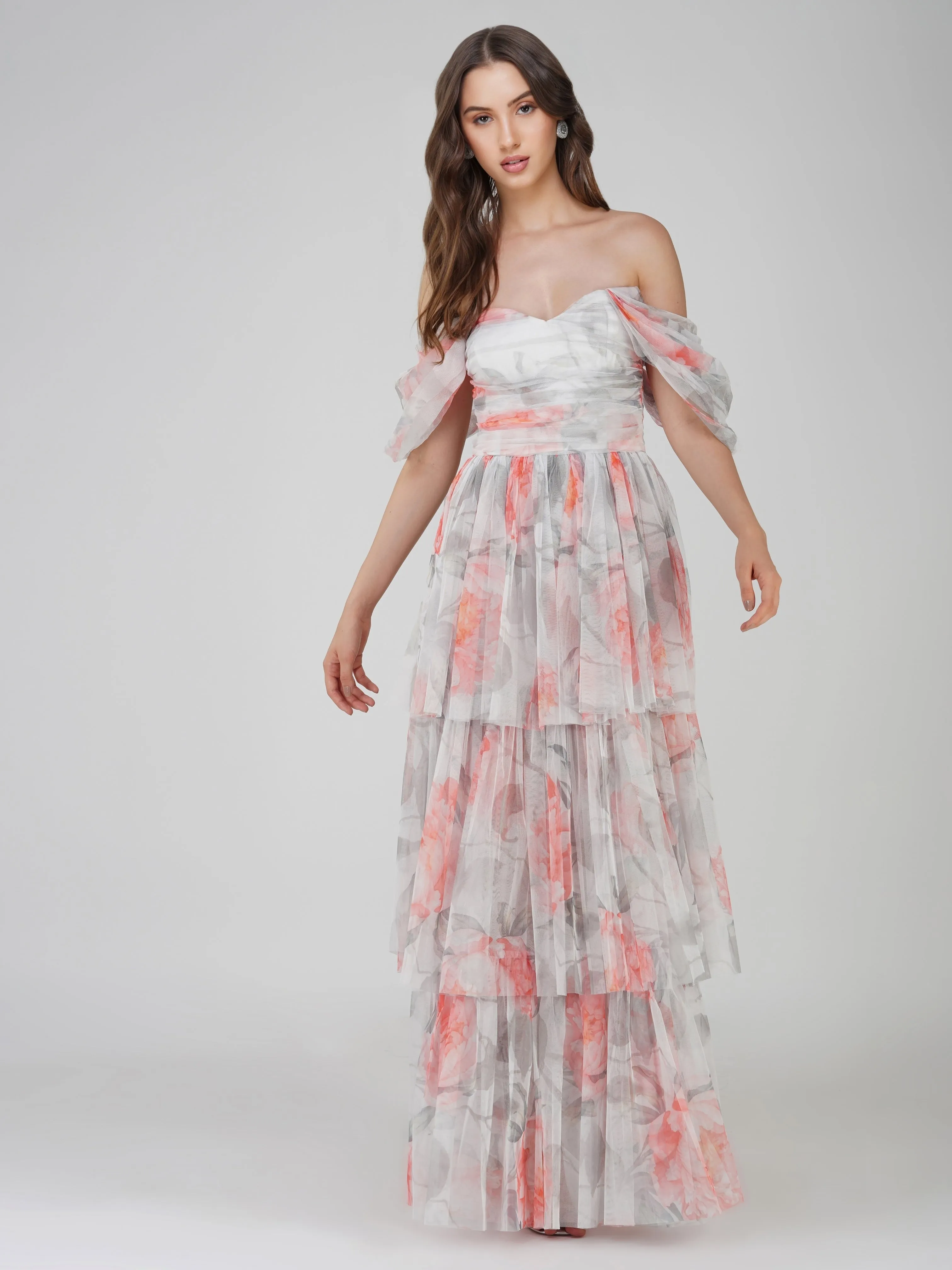 Sydney Tulle Maxi Dress in Peach Floral sold by Lace & Beads product image thumbnail 5