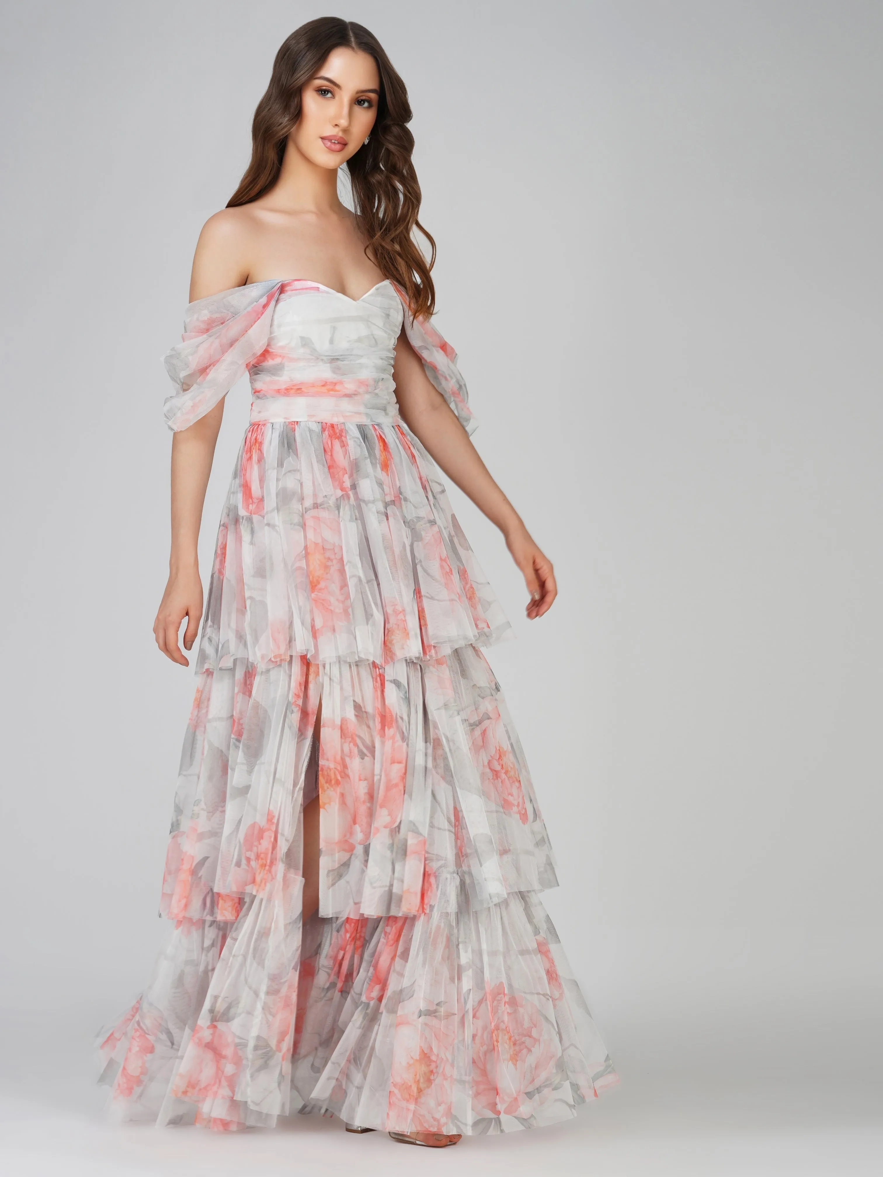 Sydney Tulle Maxi Dress in Peach Floral sold by Lace & Beads product image thumbnail 3