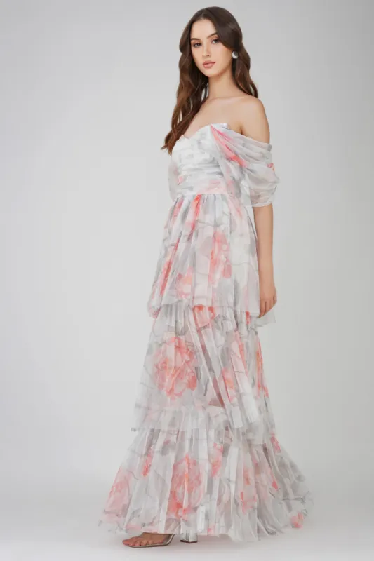 Sydney Tulle Maxi Dress in Peach Floral sold by Lace & Beads