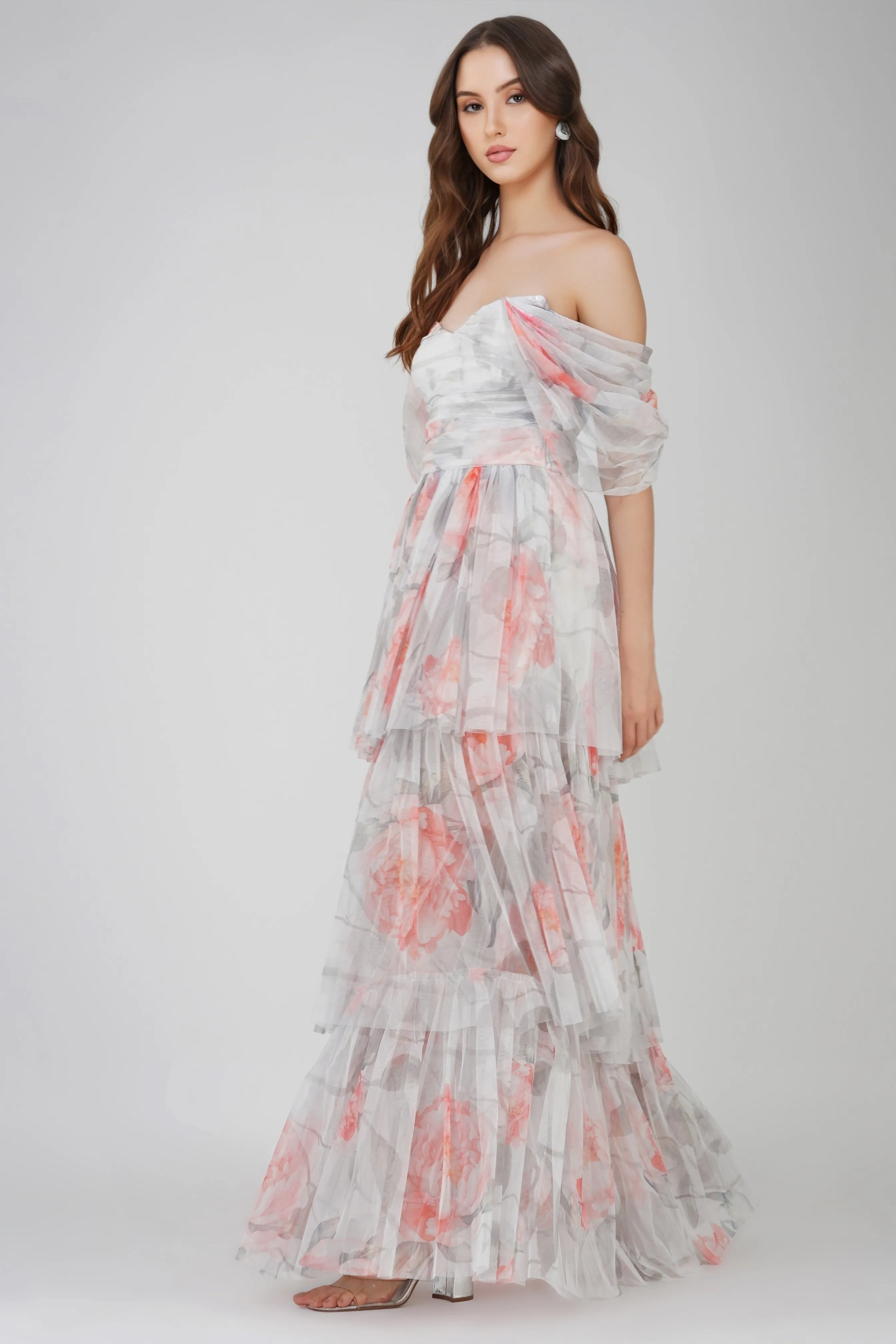 Sydney Tulle Maxi Dress in Peach Floral sold by Lace & Beads