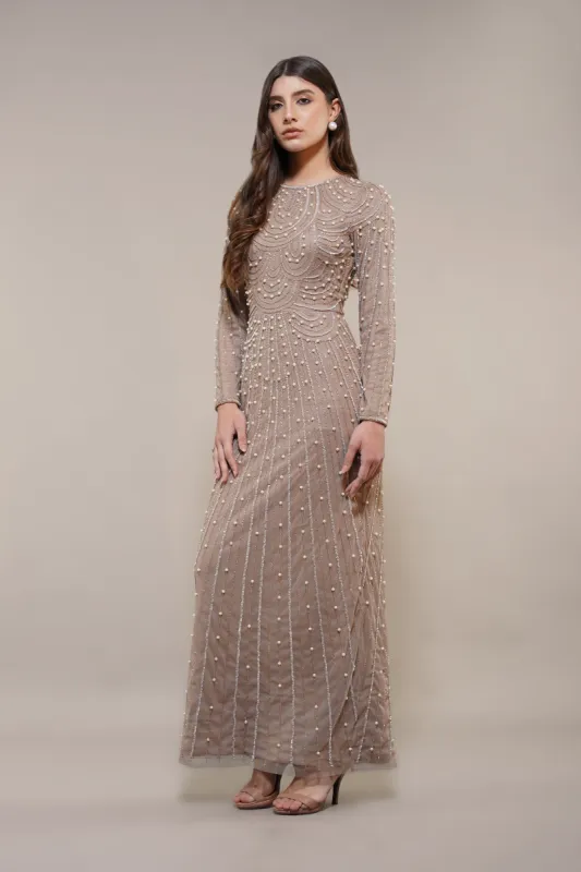 Mabel Embellished Maxi Dress in Taupe sold by Lace & Beads