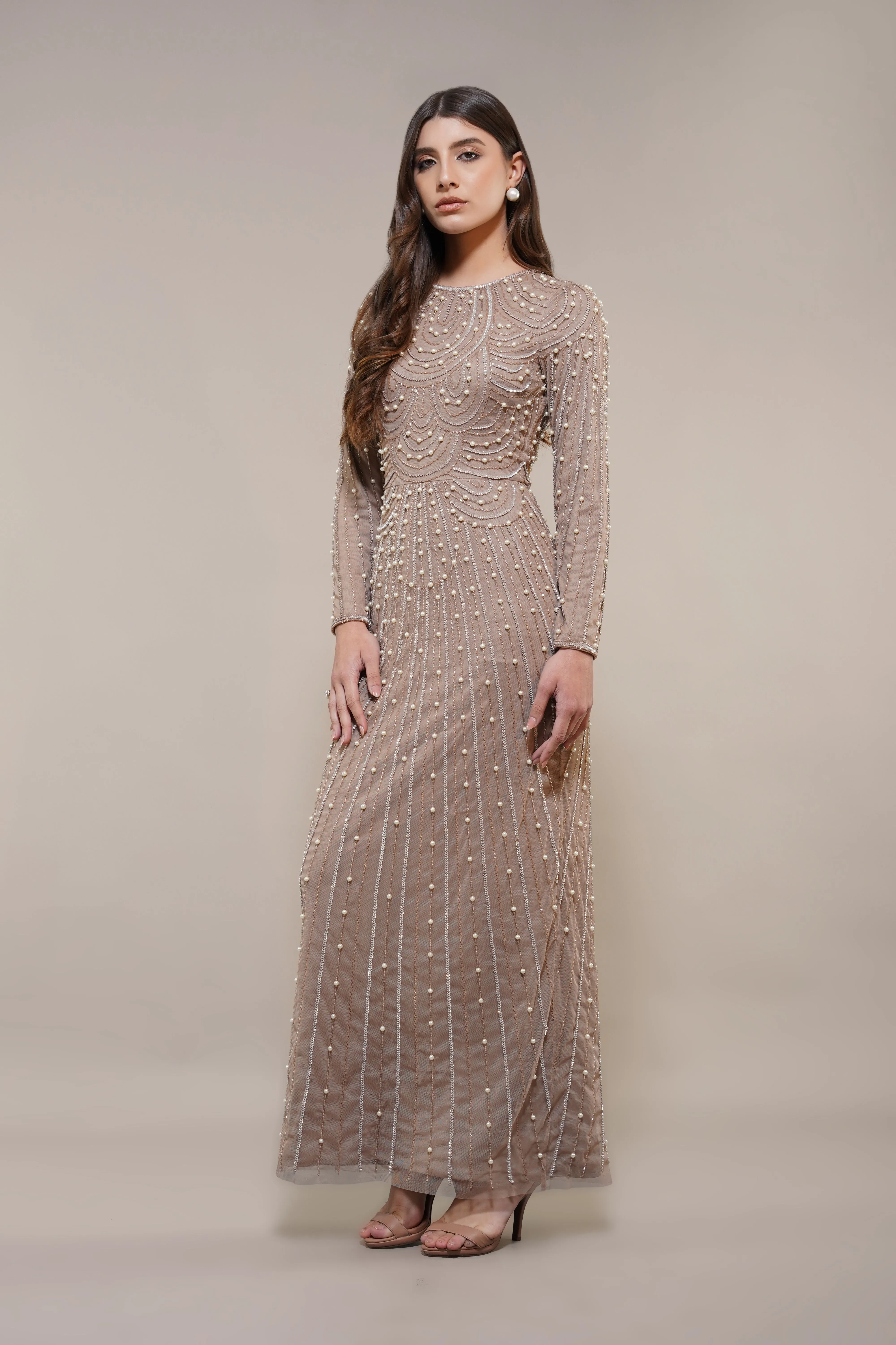 Mabel Embellished Maxi Dress in Taupe sold by Lace & Beads