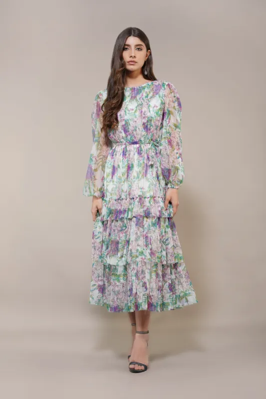 Rebecca Midi Dress in Purple Green Floral sold by Lace & Beads