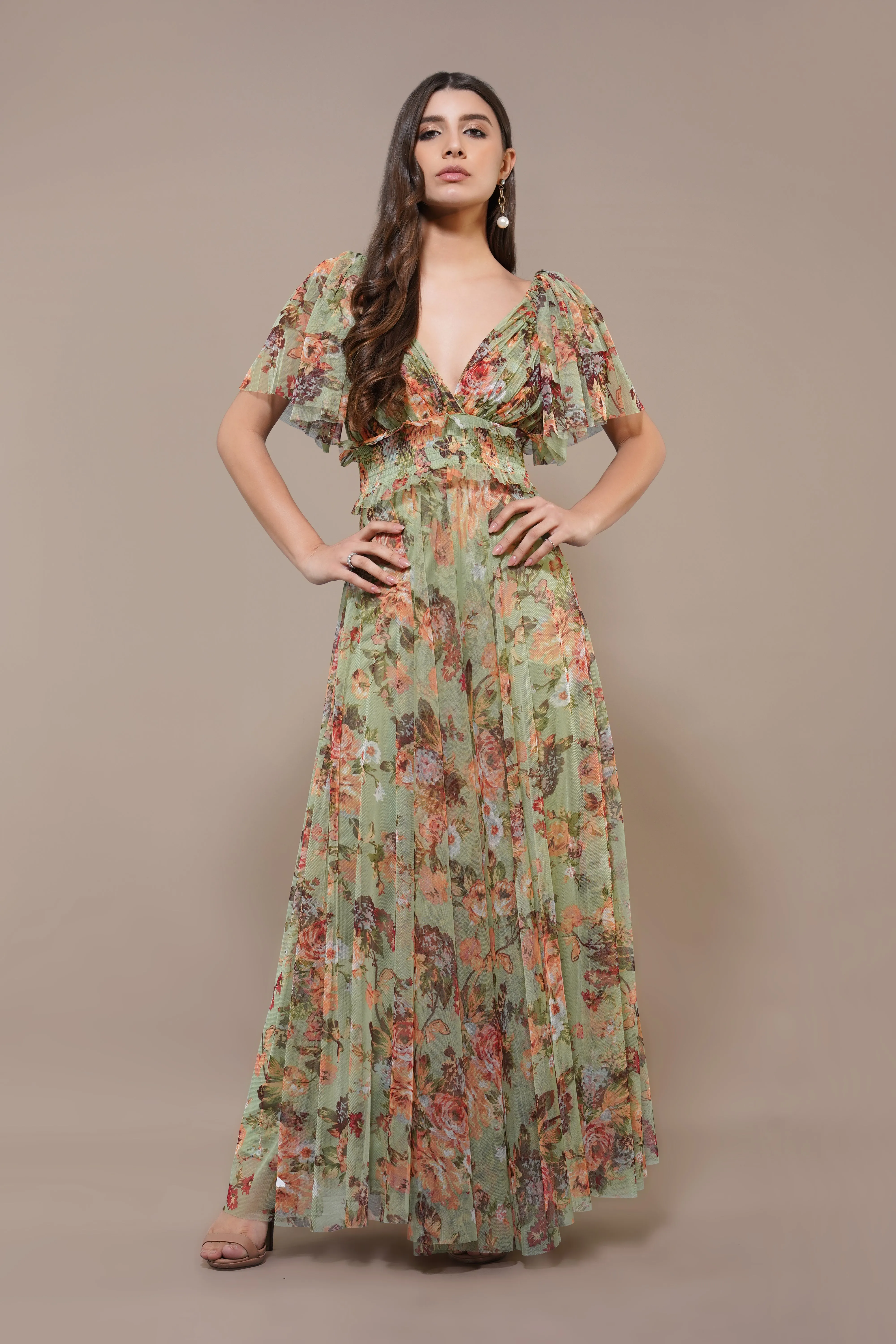 Shelby Maxi Dress in Light Green Floral sold by Lace & Beads