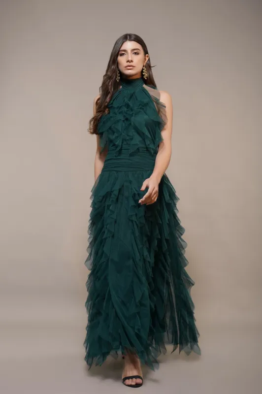 Tabitha Tulle Maxi Ruffle Dress in Forest Green made by Lace & Beads
