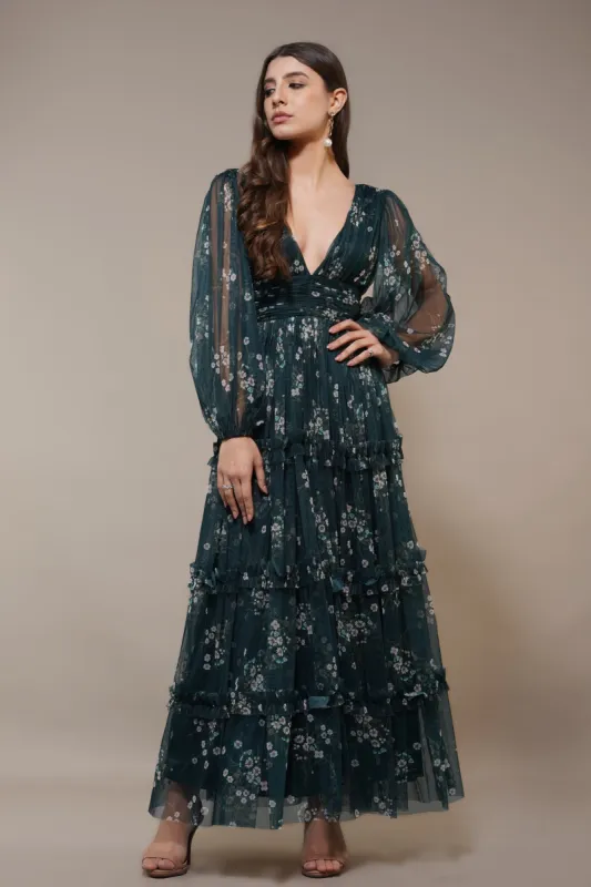 Lydia Maxi Dress in Emerald Floral sold by Lace & Beads